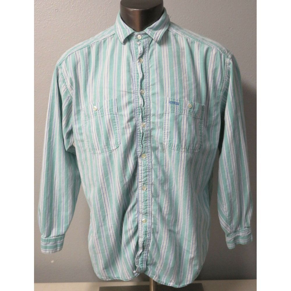 Mens Vintage 90s GUESS Long Sleeve‎ Button Front Shirt Size M Green White Blue